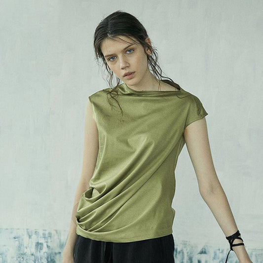 Women Summer Short Sleeve Asymmetric T-shirt In Green