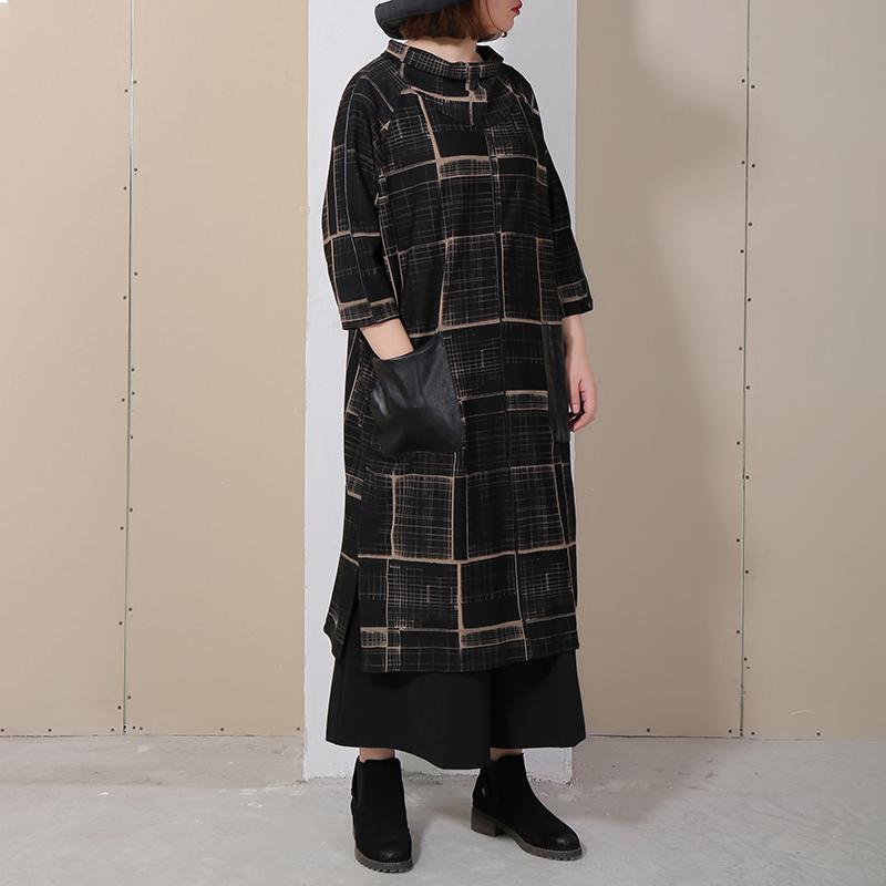 Women Three Quarter Sleeve Plaid Loose Dress