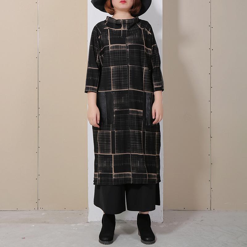 Women Three Quarter Sleeve Plaid Loose Dress