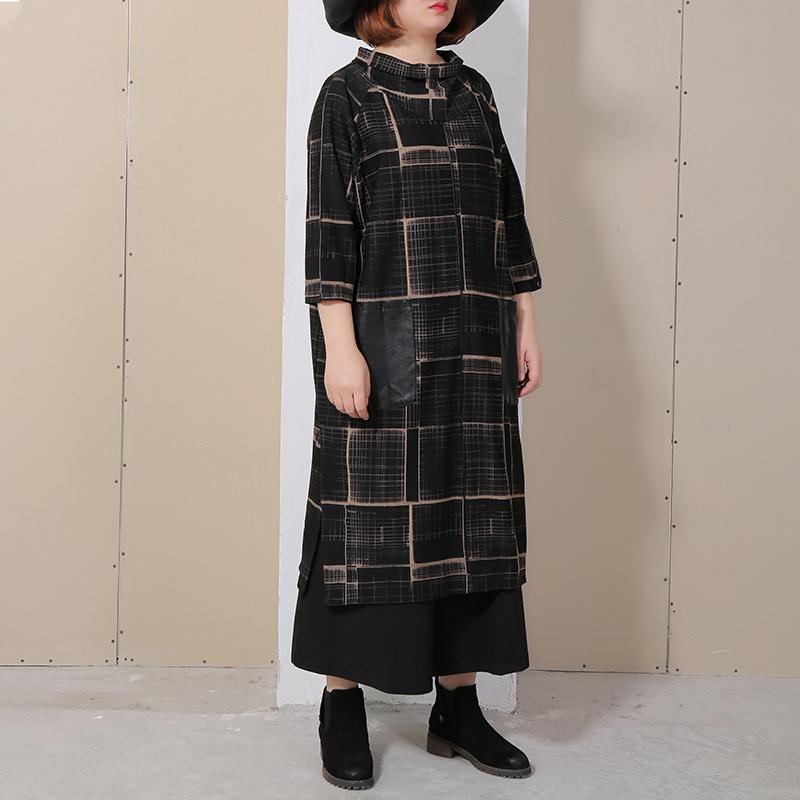 Women Three Quarter Sleeve Plaid Loose Dress