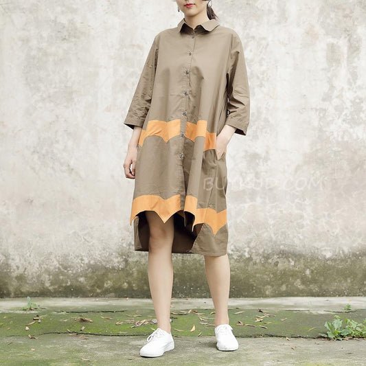 Women Vintage Casual Splicing Summer Irregular Coffee Shirt Dress