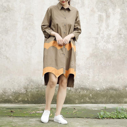 Women Vintage Casual Splicing Summer Irregular Coffee Shirt Dress