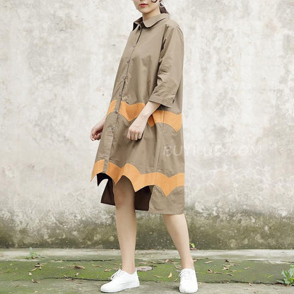 Women Vintage Casual Splicing Summer Irregular Coffee Shirt Dress