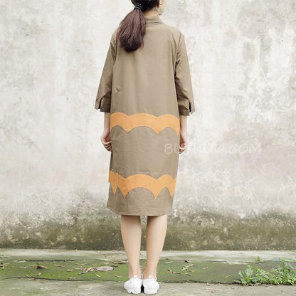 Women Vintage Casual Splicing Summer Irregular Coffee Shirt Dress