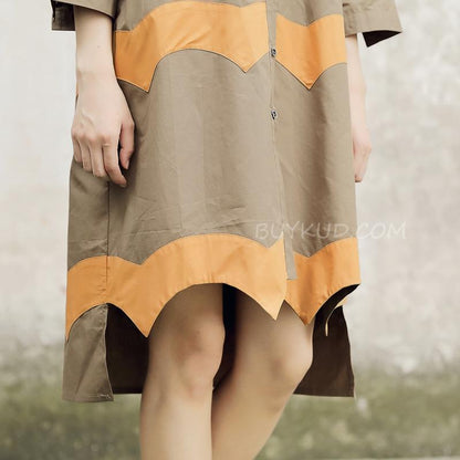 Women Vintage Casual Splicing Summer Irregular Coffee Shirt Dress