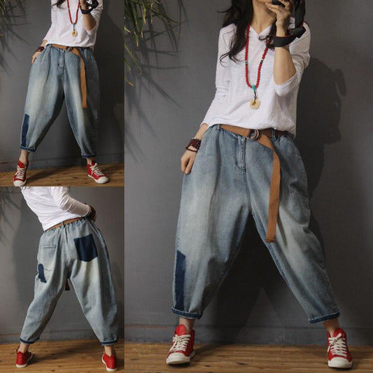 Women Vintage Elastic Waist Harem Jeans