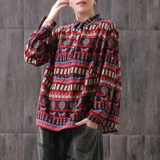 Women Vintage Loose Printed Long Sleeve Shirt