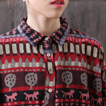 Women Vintage Loose Printed Long Sleeve Shirt