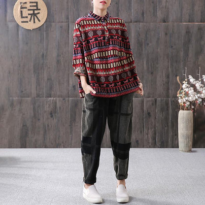 Women Vintage Loose Printed Long Sleeve Shirt
