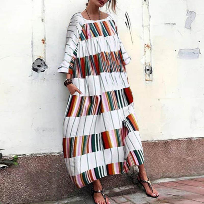 Women Spring Casual Striped Ankle-Length Pullover Loose Dress