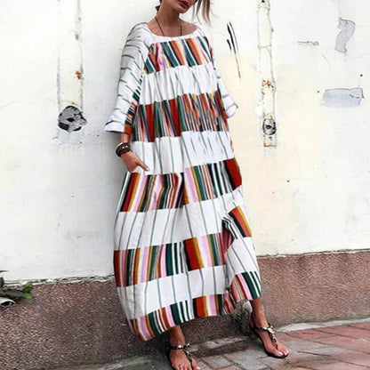 Women Spring Casual Striped Ankle-Length Pullover Loose Dress