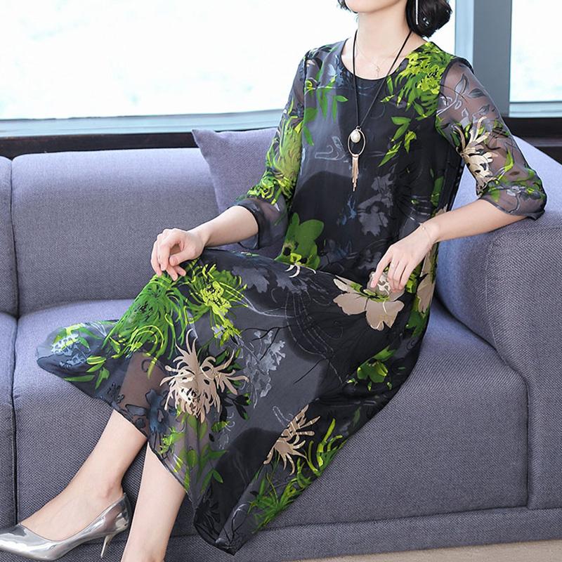 Women's Summer Elbow Sleeve Silk Dress