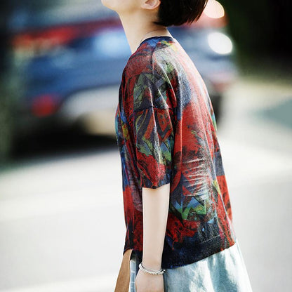 Womens Casual Loose Linen Multicolor T-Shirt