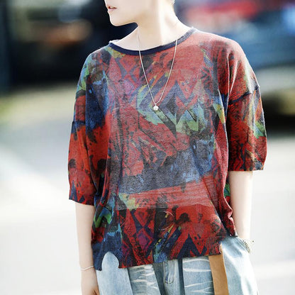 Womens Casual Loose Linen Multicolor T-Shirt