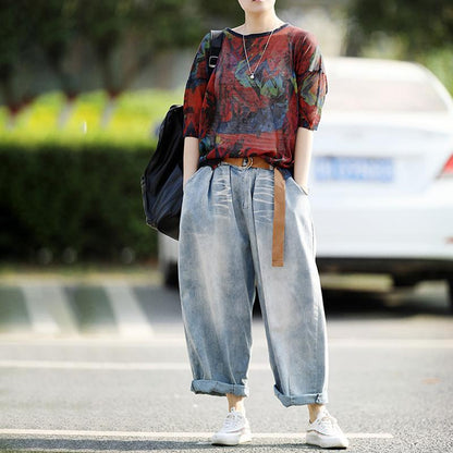Womens Casual Loose Linen Multicolor T-Shirt
