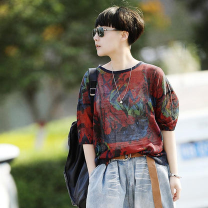 Womens Casual Loose Linen Multicolor T-Shirt