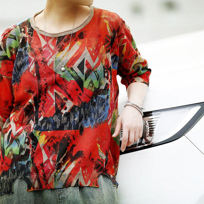 Womens Casual Loose Linen Multicolor T-Shirt