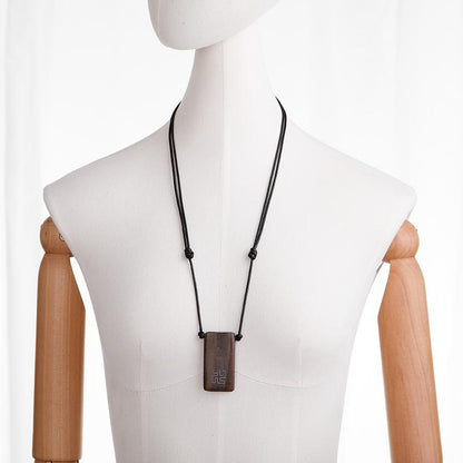 Wood Rectangle Pendant Rope Chain Necklace