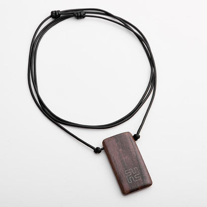 Wood Rectangle Pendant Rope Chain Necklace