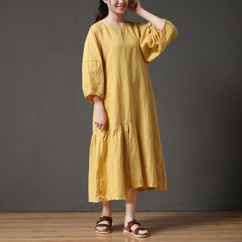 Yellow Cotton Linen Loose Irregular Hem Long Dress