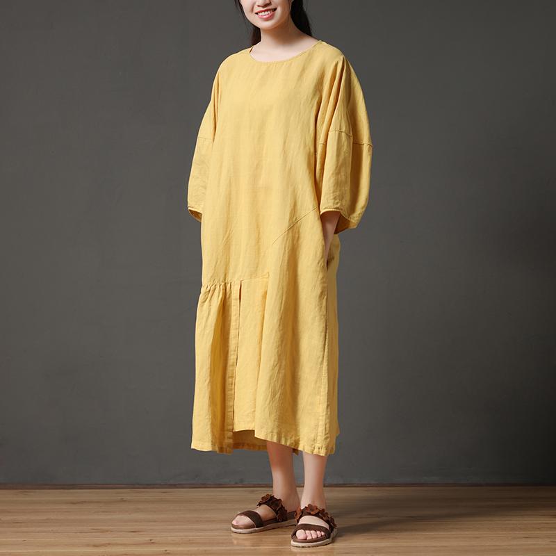 Yellow Cotton Linen Loose Irregular Hem Long Dress