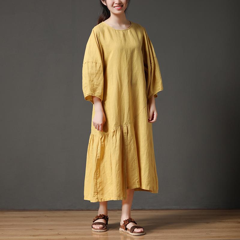 Yellow Cotton Linen Loose Irregular Hem Long Dress