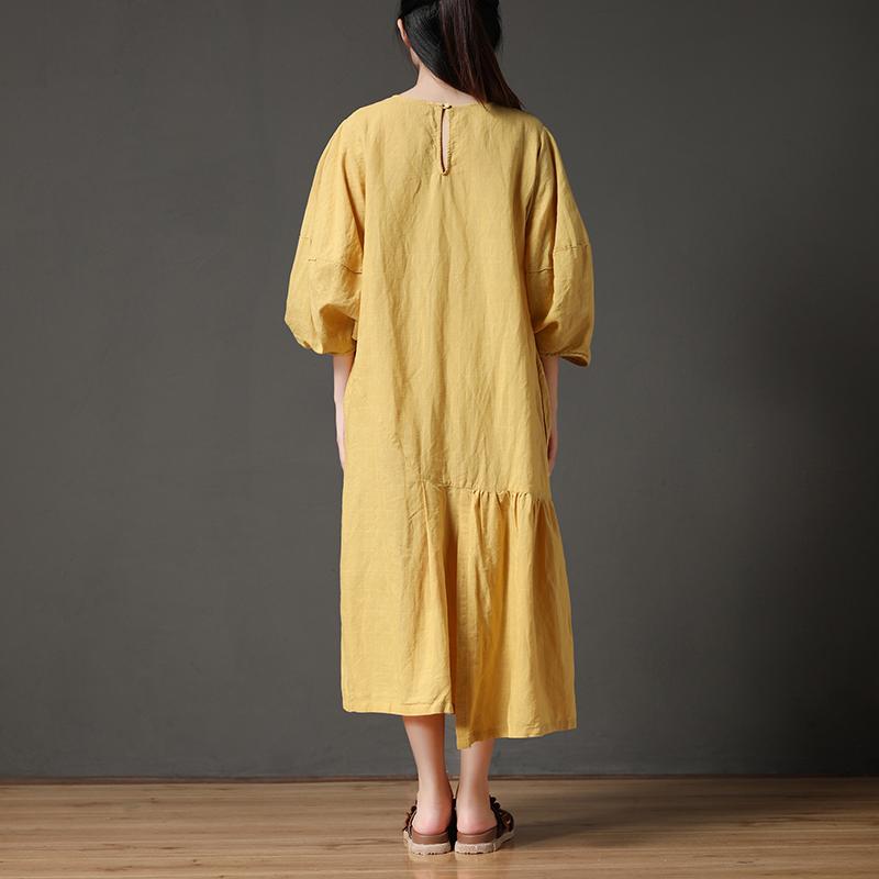 Yellow Cotton Linen Loose Irregular Hem Long Dress