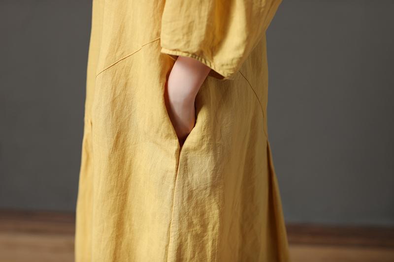 Yellow Cotton Linen Loose Irregular Hem Long Dress