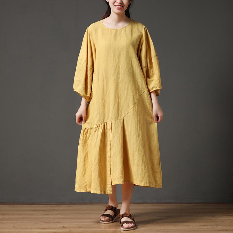 Yellow Cotton Linen Loose Irregular Hem Long Dress