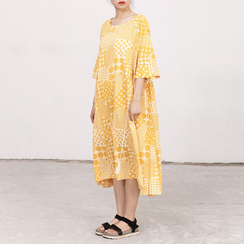 Yellow Cotton Short Sleeves Summer Casual Pleated Dress