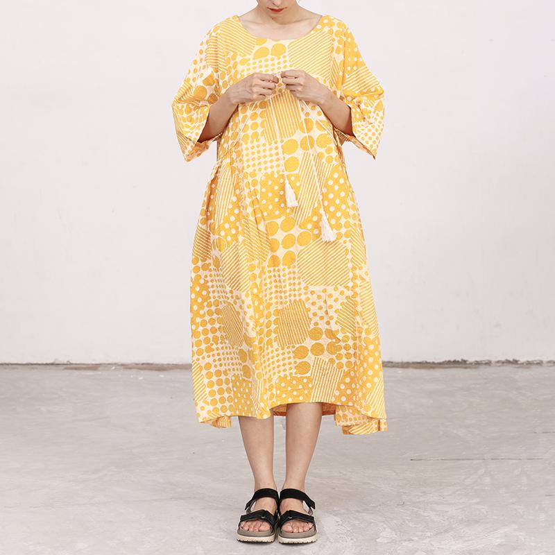 Yellow Cotton Short Sleeves Summer Casual Pleated Dress