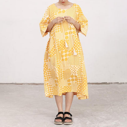 Yellow Cotton Short Sleeves Summer Casual Pleated Dress