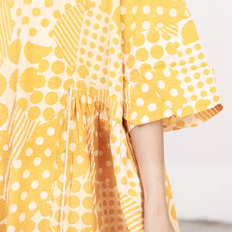 Yellow Cotton Short Sleeves Summer Casual Pleated Dress