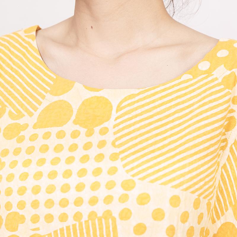 Yellow Cotton Short Sleeves Summer Casual Pleated Dress