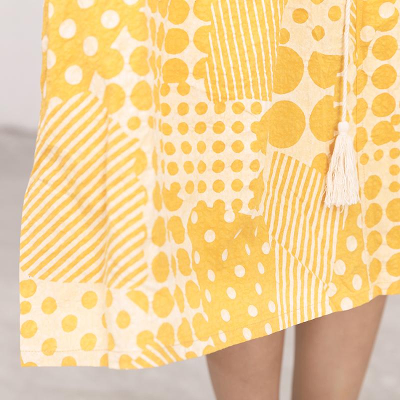 Yellow Cotton Short Sleeves Summer Casual Pleated Dress