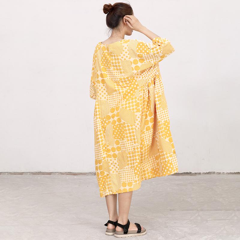 Yellow Cotton Short Sleeves Summer Casual Pleated Dress