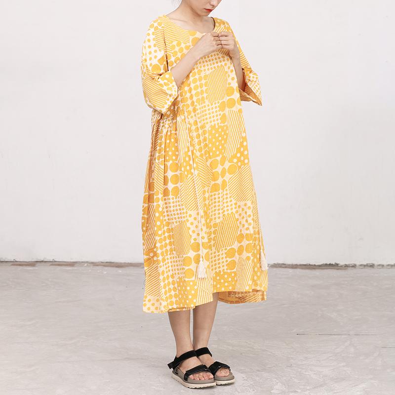 Yellow Cotton Short Sleeves Summer Casual Pleated Dress
