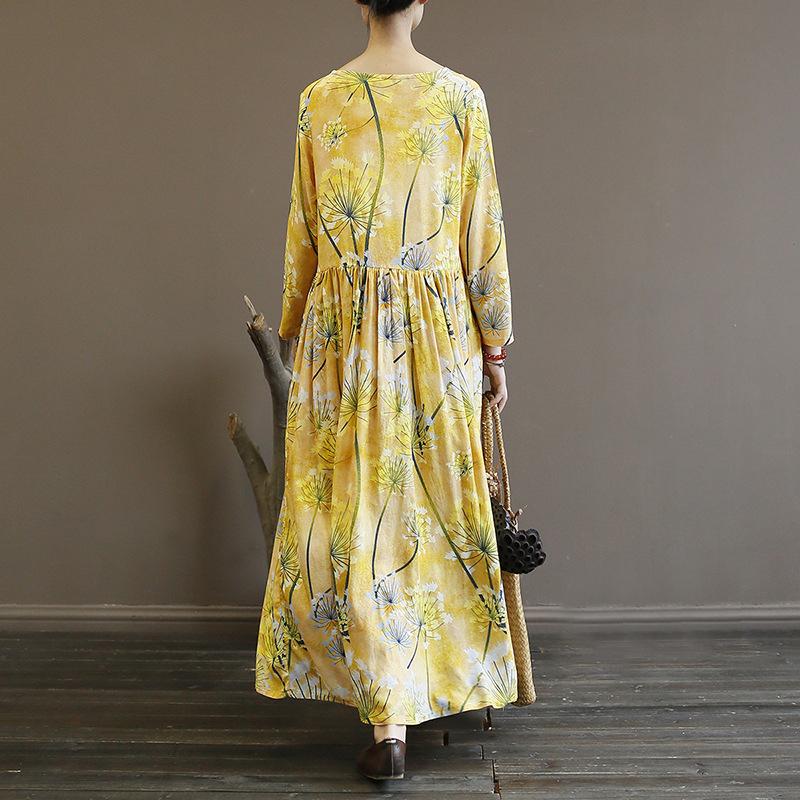 Yellow Flower Print Folk Style Long Dress