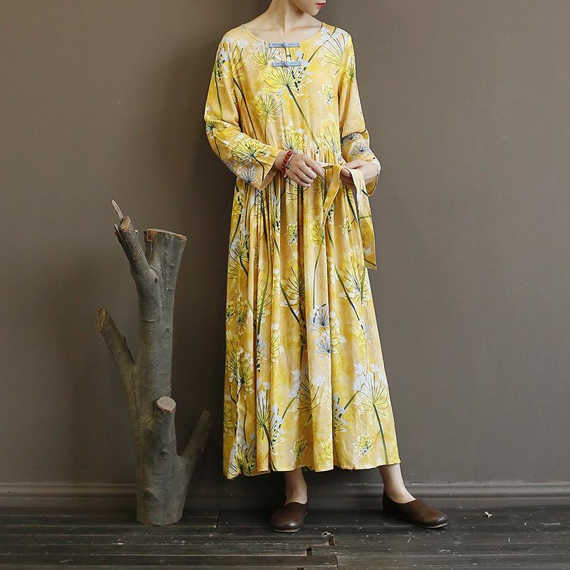 Yellow Flower Print Folk Style Long Dress