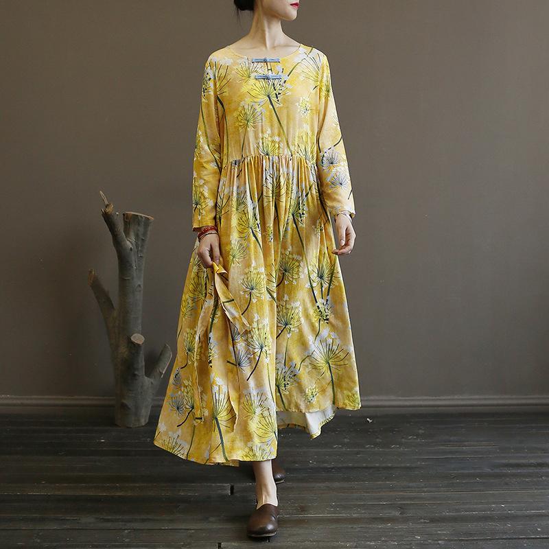 Yellow Flower Print Folk Style Long Dress