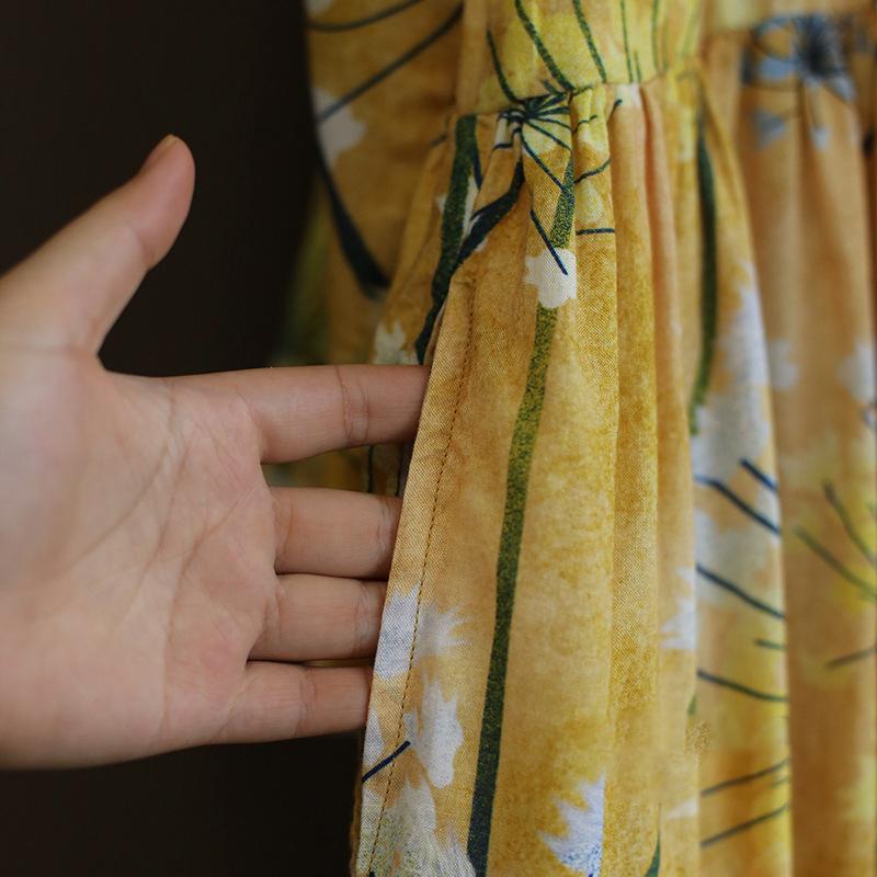 Yellow Flower Print Folk Style Long Dress