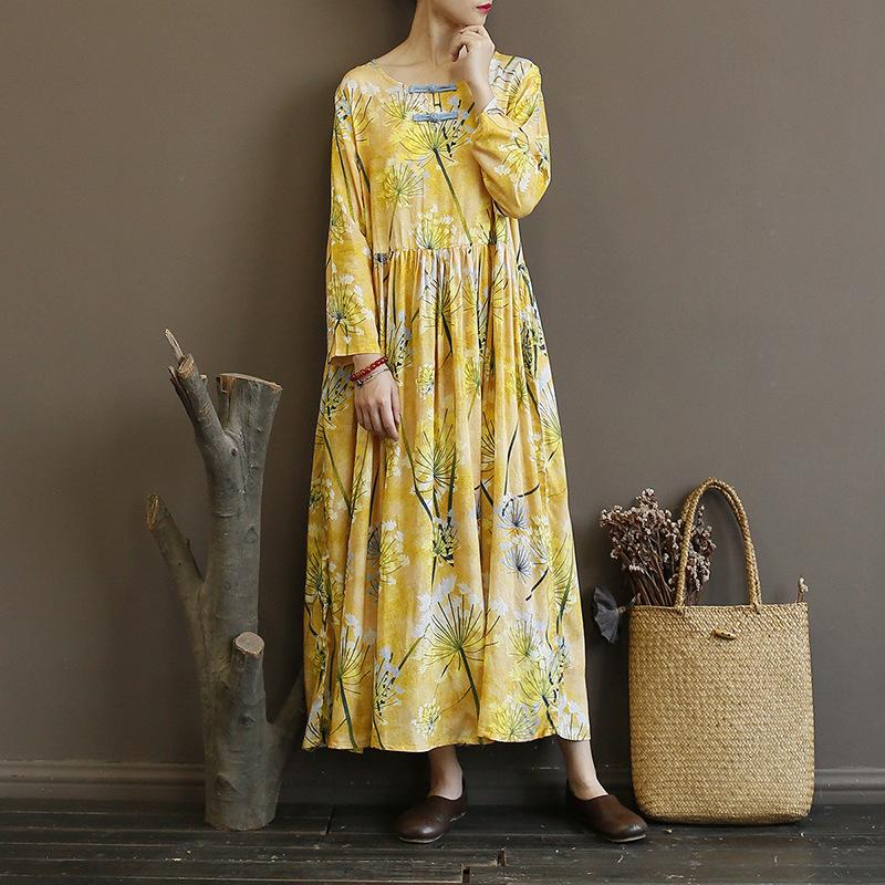 Yellow Flower Print Folk Style Long Dress