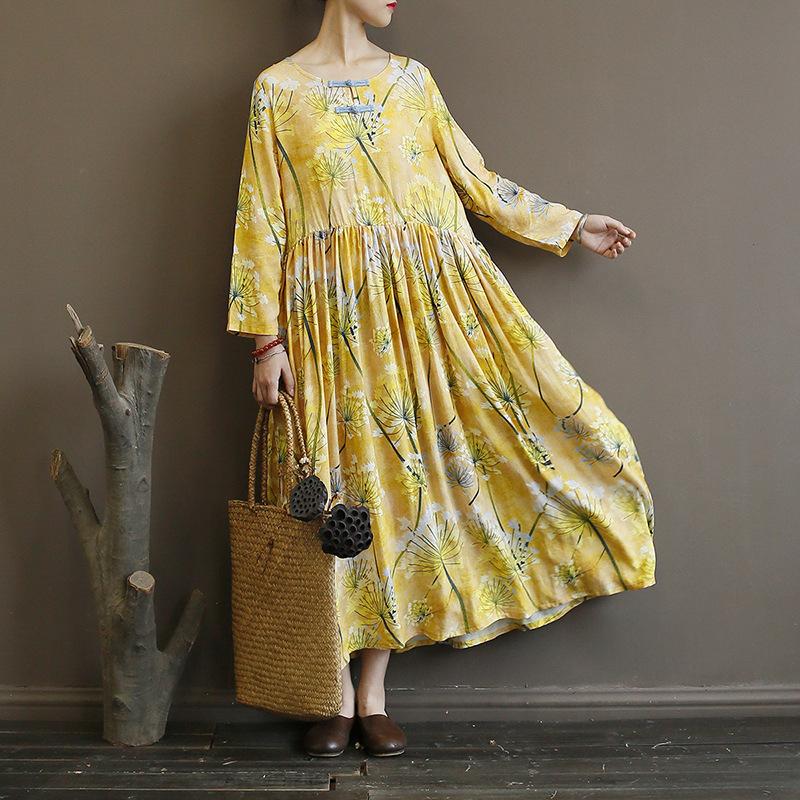 Yellow Flower Print Folk Style Long Dress