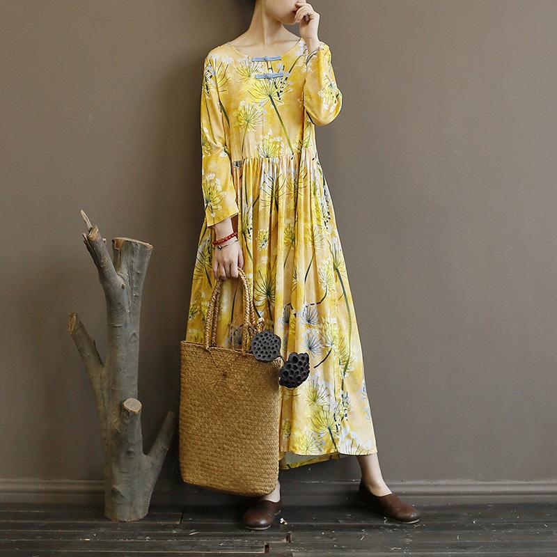 Yellow Flower Print Folk Style Long Dress