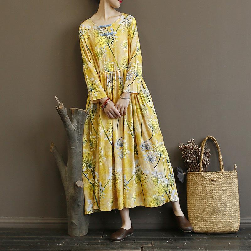 Yellow Flower Print Folk Style Long Dress
