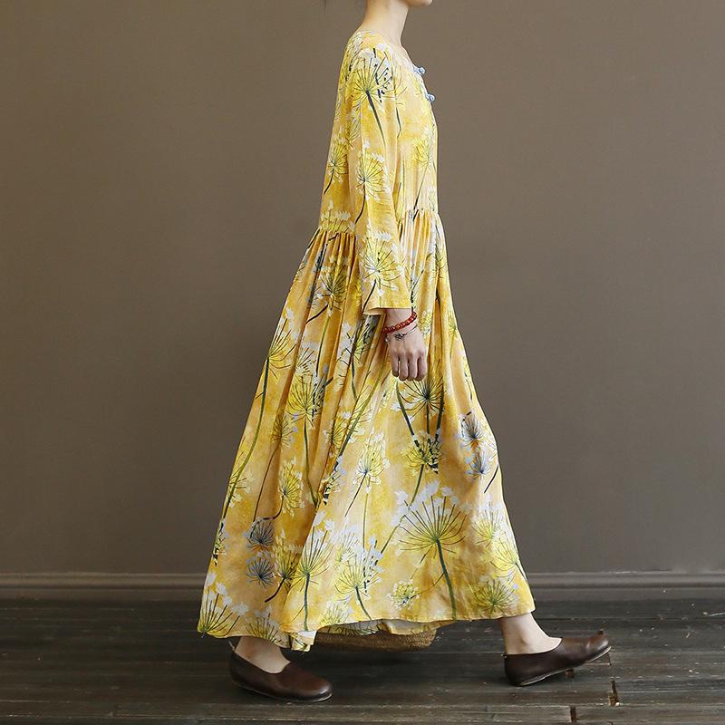 Yellow Flower Print Folk Style Long Dress