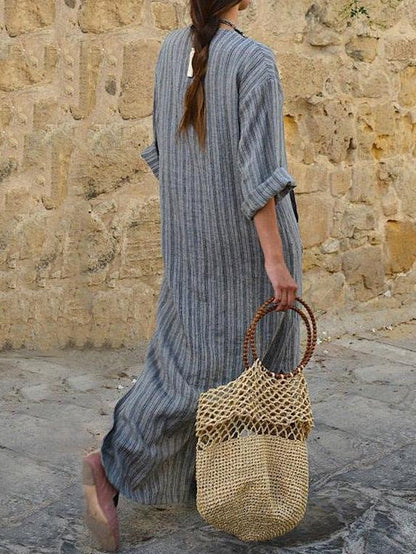 Grey Cotton Long Striped Dress with Rolled Up Sleeves