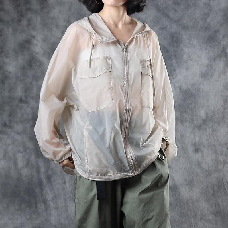 Zipper Hooded Long Sleeve Pockets Blouse