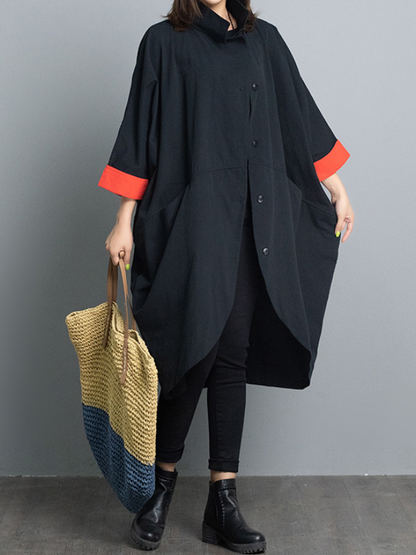 Stylish Loose Split-Front Half Sleeves Stand Collar Outerwear