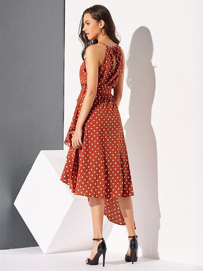 Polka-Dot  Printed  Irregular Hem  Sleeveless Midi Dress